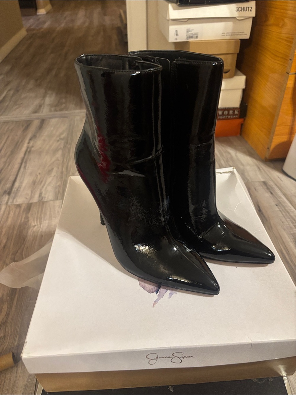 Jessica Simpson Black Patent Pointed-Toe Ankle Booties